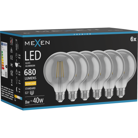 Mexen Vintis 6x žárovka filament LED E27, G95, 8W, Teplá - 2700K, 680 lm, kouřová - L157-E27-0827-70x06