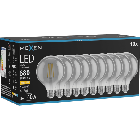Mexen Vintis 10x LED žárovka filament E27, G95, 8W, Teplá - 2700K, 680 lm, kouřová - L157-E27-0827-70x10