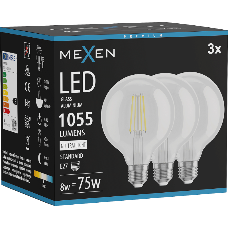 Mexen Vintis 3x žárovka filament LED E27, G95, 8W, Neutrální - 4000K, 1055 lm, čirá - L157-E27-0840-00x03