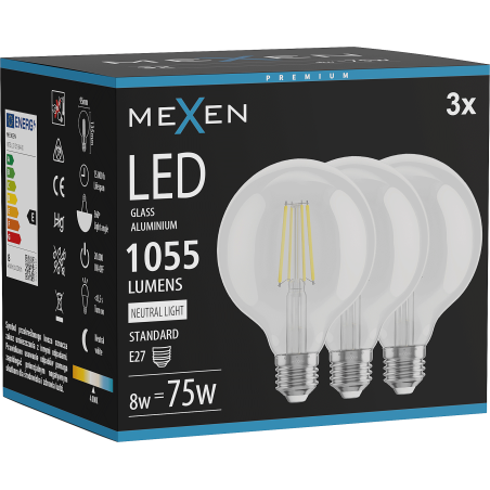 Mexen Vintis 3x žárovka filament LED E27, G95, 8W, Neutrální - 4000K, 1055 lm, čirá - L157-E27-0840-00x03