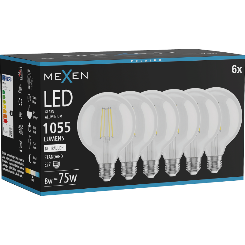 Mexen Vintis 6x žárovka filament LED E27, G95, 8W, Neutrální - 4000K, 1055 lm, čirá - L157-E27-0840-00x06