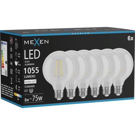 Mexen Vintis 6x žárovka filament LED E27, G95, 8W, Neutrální - 4000K, 1055 lm, čirá - L157-E27-0840-00x06