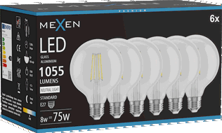 Mexen Vintis 6x žárovka filament LED E27, G95, 8W, Neutrální - 4000K, 1055 lm, čirá - L157-E27-0840-00x06