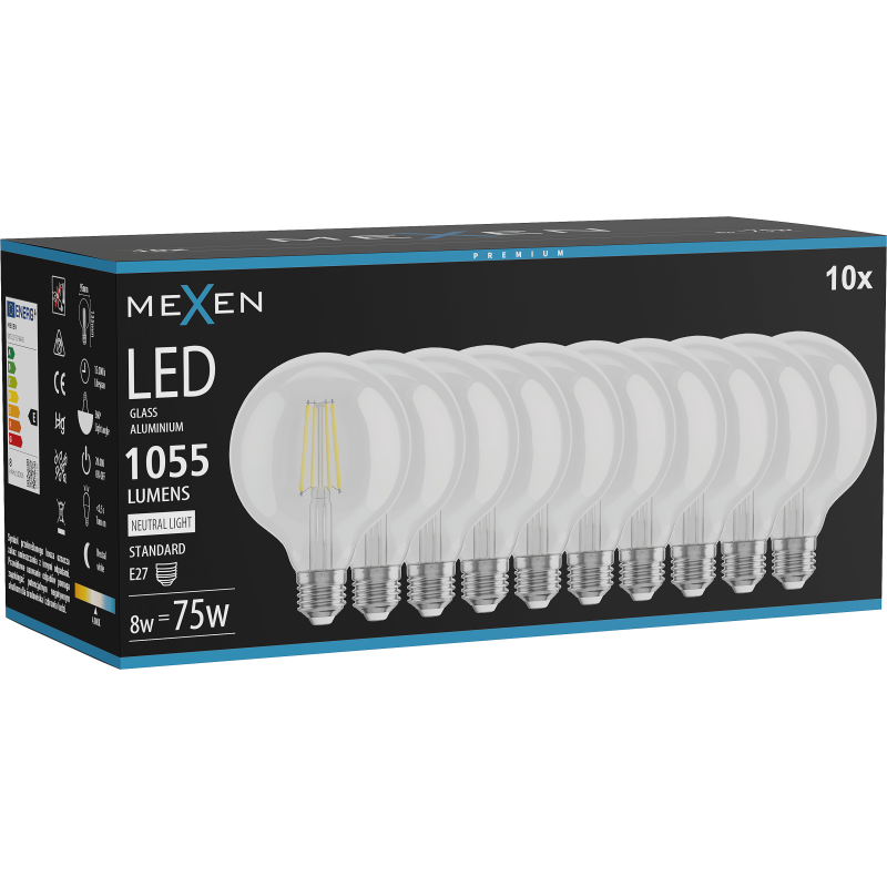 Mexen Vintis 10x žárovka filament LED E27, G95, 8W, Neutrální - 4000K, 1055 lm, čirá - L157-E27-0840-00x10