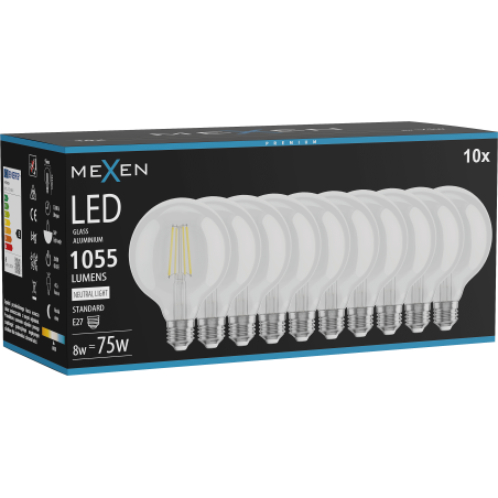 Mexen Vintis 10x žárovka filament LED E27, G95, 8W, Neutrální - 4000K, 1055 lm, čirá - L157-E27-0840-00x10