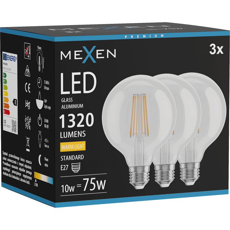 Mexen Vintis 3x LED vlákno žárovka E27, G95, 10W, Teplá - 2700K, 1320 lm, čirá - L157-E27-1027-00x03