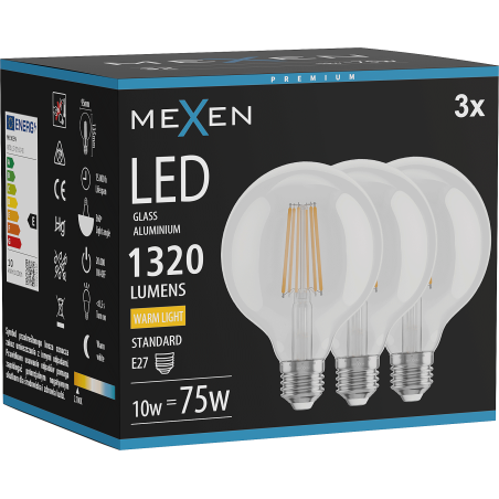 Mexen Vintis 3x LED vlákno žárovka E27, G95, 10W, Teplá - 2700K, 1320 lm, čirá - L157-E27-1027-00x03