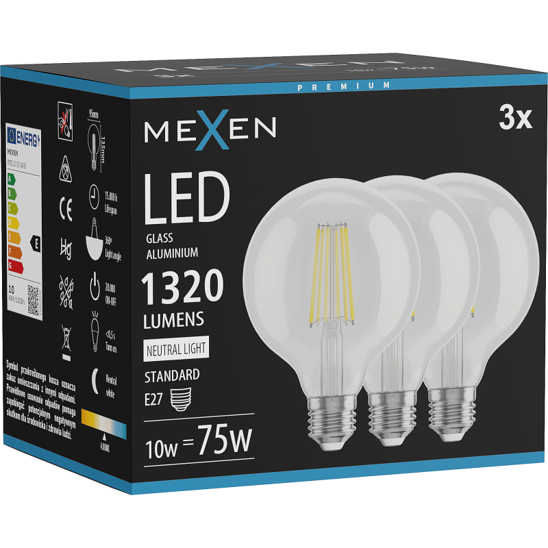 Mexen Vintis 3x LED filamentová žárovka E27, G95, 10W, Neutrální - 4000K, 1320 lm, čirá - L157-E27-1040-00x03