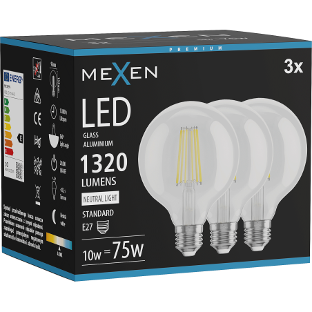 Mexen Vintis 3x LED filamentová žárovka E27, G95, 10W, Neutrální - 4000K, 1320 lm, čirá - L157-E27-1040-00x03
