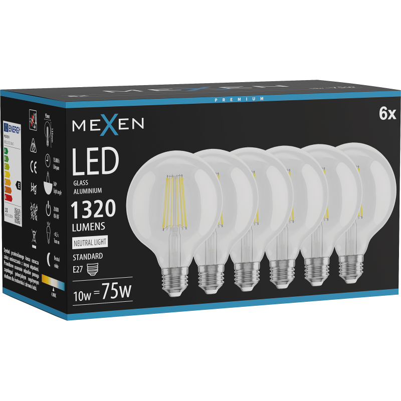 Mexen Vintis 6x žárovka filament LED E27, G95, 10W, Neutrální - 4000K, 1320 lm, čirá - L157-E27-1040-00x06