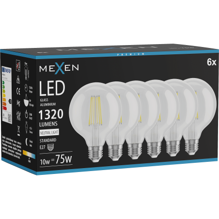Mexen Vintis 6x žárovka filament LED E27, G95, 10W, Neutrální - 4000K, 1320 lm, čirá - L157-E27-1040-00x06