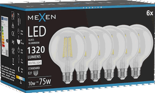 Mexen Vintis 6x žárovka filament LED E27, G95, 10W, Neutrální - 4000K, 1320 lm, čirá - L157-E27-1040-00x06