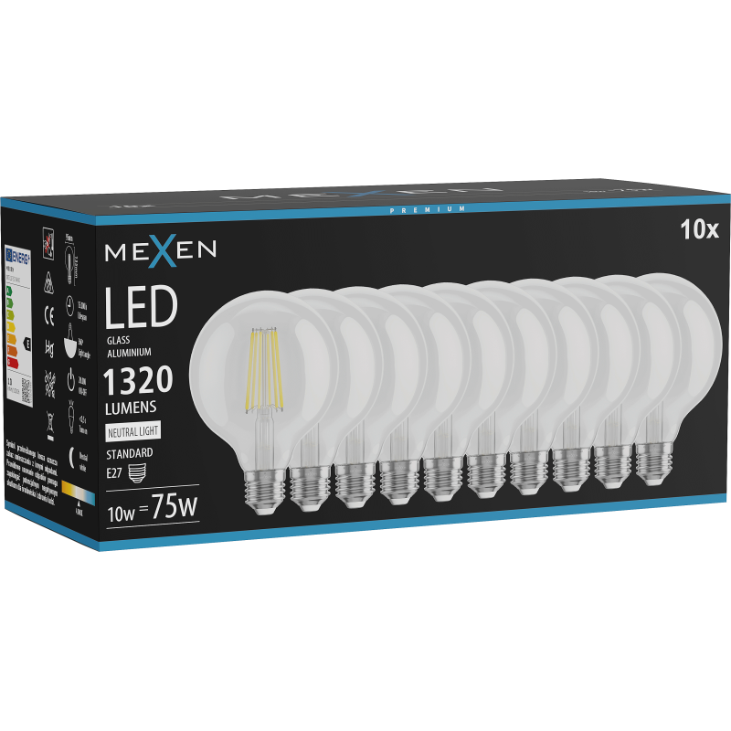 Mexen Vintis 10x žárovka filament LED E27, G95, 10W, Neutrální - 4000K, 1320 lm, čirá - L157-E27-1040-00x10