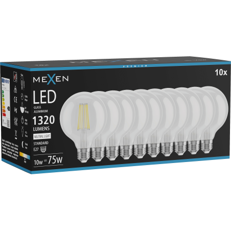 Mexen Vintis 10x žárovka filament LED E27, G95, 10W, Neutrální - 4000K, 1320 lm, čirá - L157-E27-1040-00x10