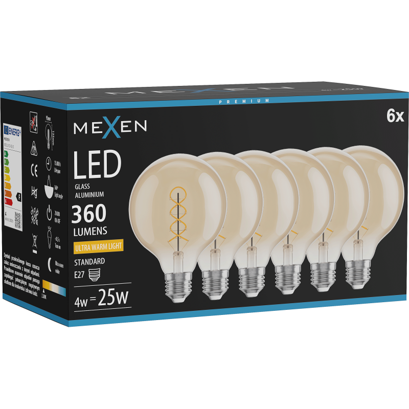 Mexen Vintis 6x Žárovka filament spirála LED E27, G95, 4W, Teplá - 2200K, 360 lm, jantarová - L167-E27-0422-50x06
