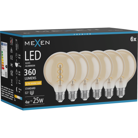 Mexen Vintis 6x Žárovka filament spirála LED E27, G95, 4W, Teplá - 2200K, 360 lm, jantarová - L167-E27-0422-50x06