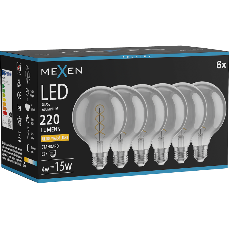 Mexen Vintis 6x žárovka filament spirála LED E27, G95, 4W, Teplá - 2200K, 220 lm, kouřová - L167-E27-0422-70x06