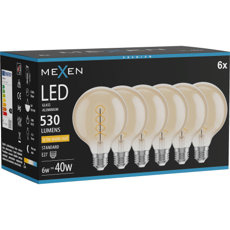 Mexen Vintis 6x Žárovka filament spirála LED E27, G95, 6W, Teplá - 2200K, 530 lm, amber - L167-E27-0622-50x06
