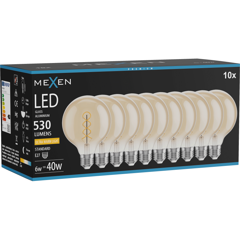Mexen Vintis 10x žárovka filament spirála LED E27, G95, 6W, Teplá - 2200K, 530 lm, jantarová - L167-E27-0622-50x10