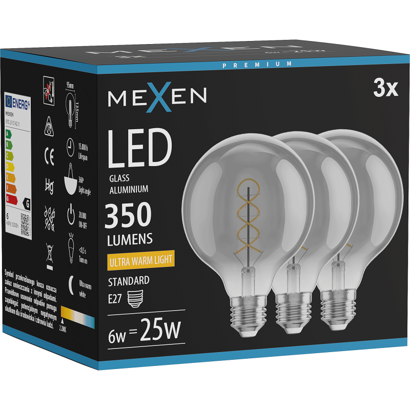 Mexen Vintis 3x Žárovka filament spirála LED E27, G95, 6W, Teplá - 2200K, 350 lm, smoke - L167-E27-0622-70x03