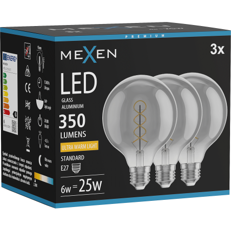 Mexen Vintis 3x Žárovka filament spirála LED E27, G95, 6W, Teplá - 2200K, 350 lm, smoke - L167-E27-0622-70x03