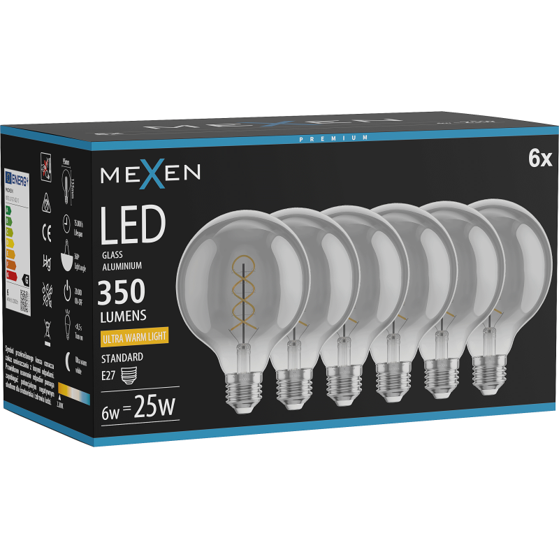 Mexen Vintis 6x Žárovka filament spirála LED E27, G95, 6W, Teplá - 2200K, 350 lm, kouřová - L167-E27-0622-70x06