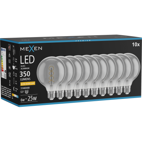 Mexen Vintis 10x žárovka filament spirála LED E27, G95, 6W, Teplá - 2200K, 350 lm, kouřová - L167-E27-0622-70x10