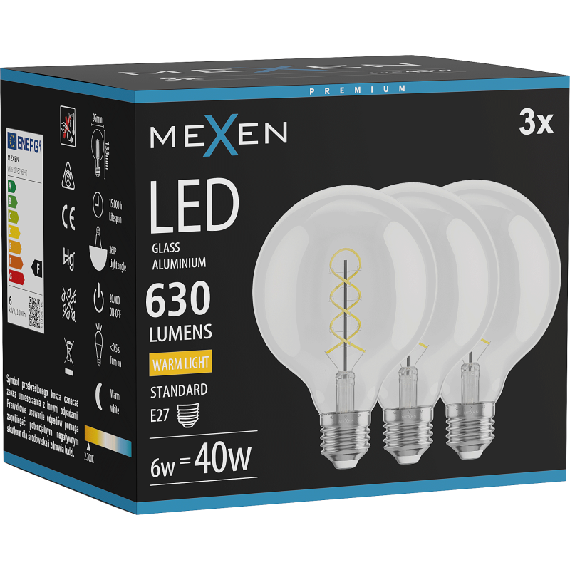 Mexen Vintis 3x Žárovka filament spirála LED E27, G95, 6W, Teplá - 2700K, 630 lm, clear - L167-E27-0627-00x03