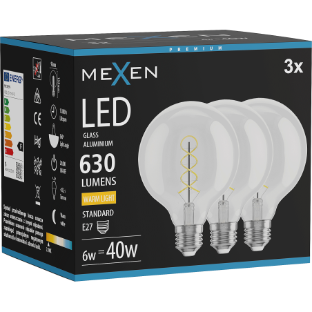 Mexen Vintis 3x Žárovka filament spirála LED E27, G95, 6W, Teplá - 2700K, 630 lm, clear - L167-E27-0627-00x03