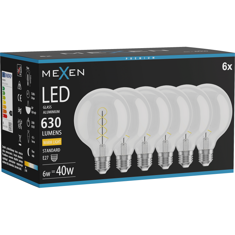 Mexen Vintis 6x žárovka filament spirála LED E27, G95, 6W, Teplá - 2700K, 630 lm, čirá - L167-E27-0627-00x06