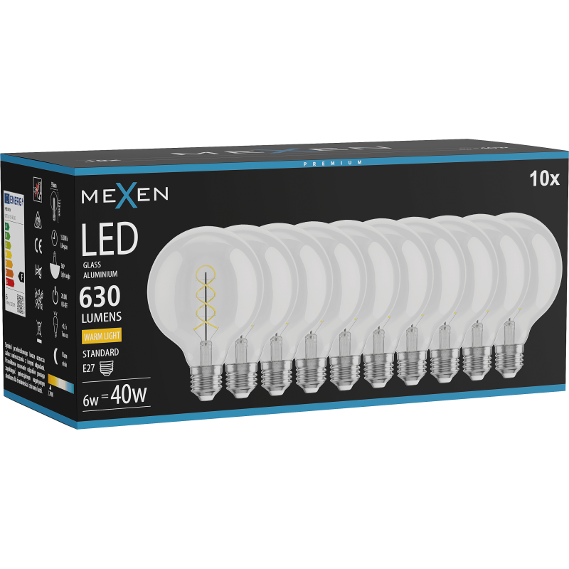 Mexen Vintis 10x žárovka filament spirála LED E27, G95, 6W, Teplá - 2700K, 630 lm, čirá - L167-E27-0627-00x10