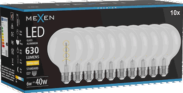 Mexen Vintis 10x žárovka filament spirála LED E27, G95, 6W, Teplá - 2700K, 630 lm, čirá - L167-E27-0627-00x10