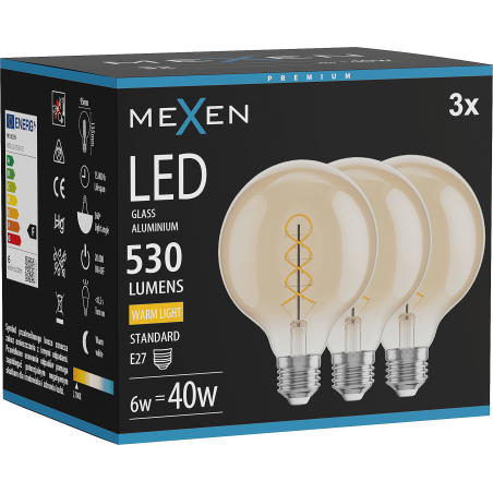Mexen Vintis 3x Žárovka filament spirála LED E27, G95, 6W, Teplá - 2700K, 530 lm, amber - L167-E27-0627-50x03