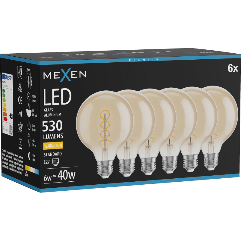 Mexen Vintis 6x žárovka filament spirála LED E27, G95, 6W, Teplá - 2700K, 530 lm, amber - L167-E27-0627-50x06