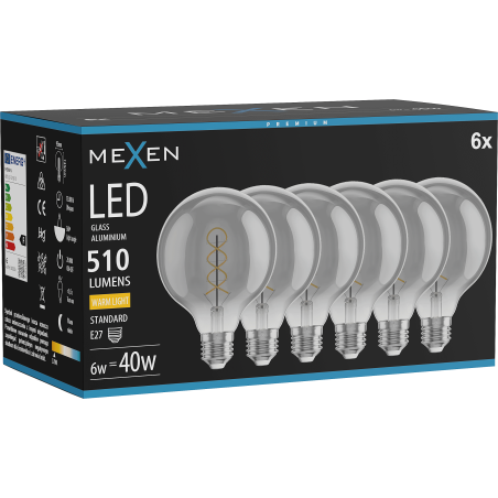 Mexen Vintis 6x Žárovka filament spirála LED E27, G95, 6W, Teplá - 2700K, 510 lm, kouřová - L167-E27-0627-70x06