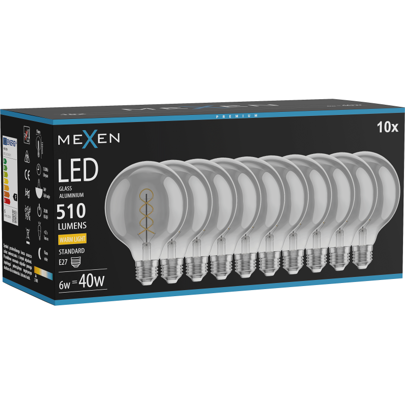 Mexen Vintis 10x žárovka filament spirála LED E27, G95, 6W, Teplá - 2700K, 510 lm, smoke - L167-E27-0627-70x10