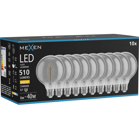 Mexen Vintis 10x žárovka filament spirála LED E27, G95, 6W, Teplá - 2700K, 510 lm, smoke - L167-E27-0627-70x10