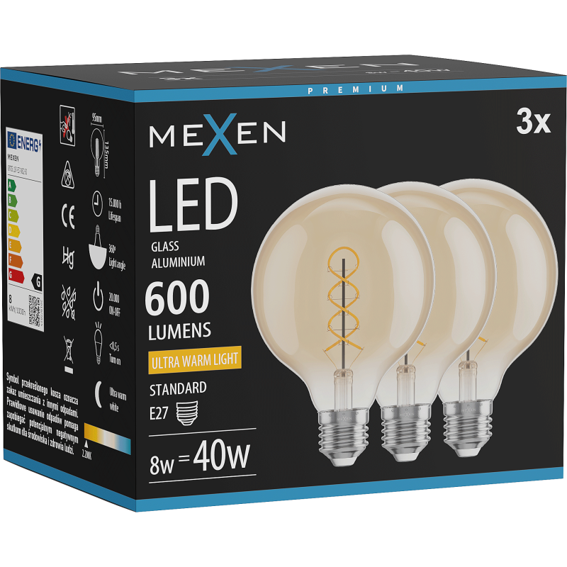 Mexen Vintis 3x žárovka filament spirála LED E27, G95, 8W, Teplá - 2200K, 600 lm, jantarová - L167-E27-0822-50x03