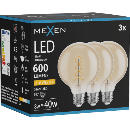 Mexen Vintis 3x žárovka filament spirála LED E27, G95, 8W, Teplá - 2200K, 600 lm, jantarová - L167-E27-0822-50x03