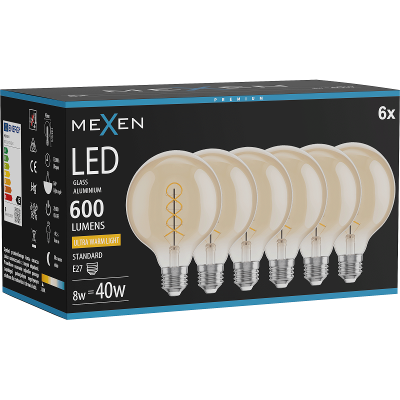 Mexen Vintis 6x Žárovka filament spirála LED E27, G95, 8W, Teplá - 2200K, 600 lm, amber - L167-E27-0822-50x06