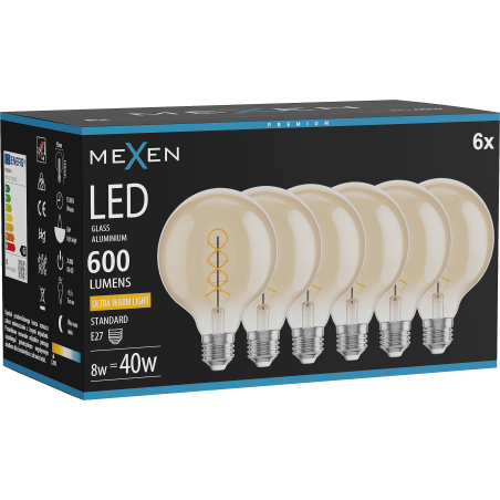 Mexen Vintis 6x Žárovka filament spirála LED E27, G95, 8W, Teplá - 2200K, 600 lm, amber - L167-E27-0822-50x06