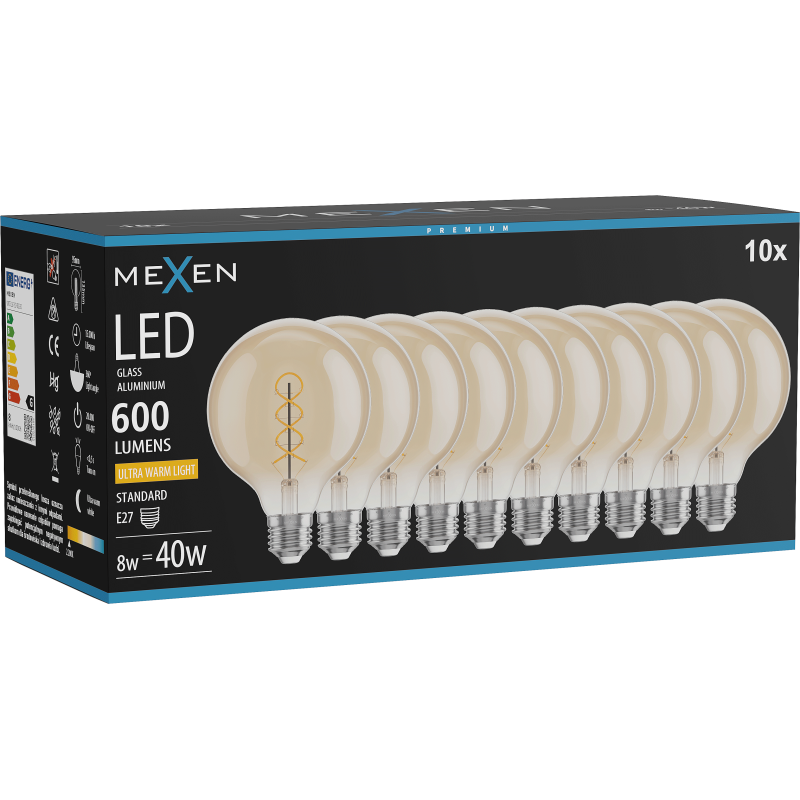 Mexen Vintis 10x žárovka filament spirála LED E27, G95, 8W, Teplá - 2200K, 600 lm, amber - L167-E27-0822-50x10