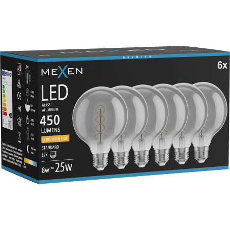 Mexen Vintis 6x Žárovka filament spirála LED E27, G95, 8W, Teplá - 2200K, 450 lm, kouřová - L167-E27-0822-70x06