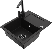 Mexen Enzo granitový dřez 1-komorový s odkapávačem a kuchyňskou baterií Rita, černý - 6506-77-670300-70-B