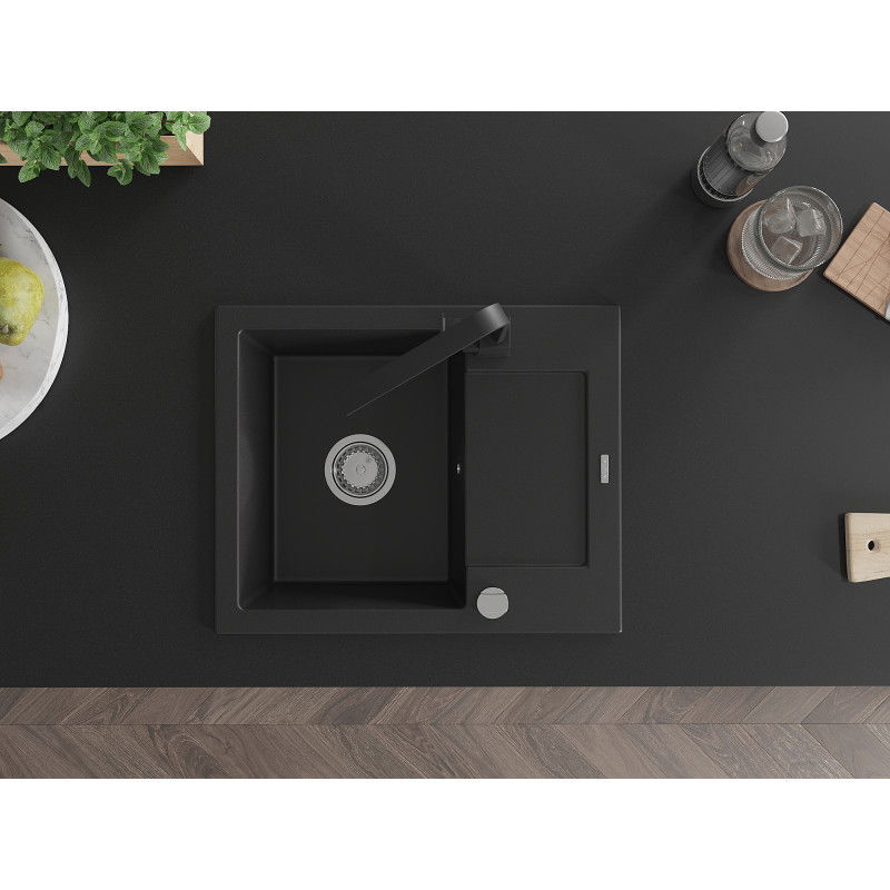 Mexen Enzo granitový dřez 1-komorový s odkapávačem a kuchyňskou baterií Rita, černý - 6506-77-670300-70