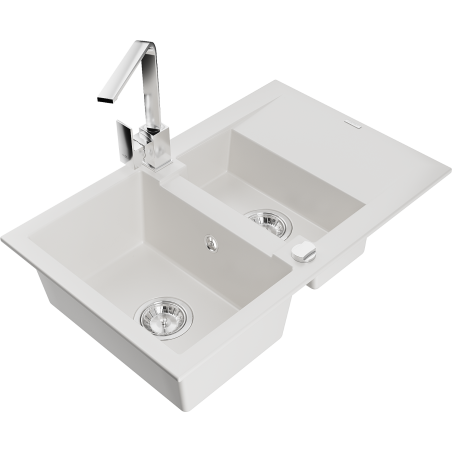 Mexen Gaspar žulový dřez 1,5-komorový s odkapávačem a kuchyňskou baterií Rita, bílý - 6507-20-670300-00