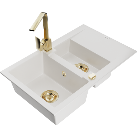 Mexen Gaspar granitový dřez 1,5-komorový s odkapávačem a kuchyňskou baterií Rita, bílý - 6507-20-670300-50