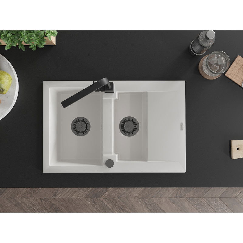 Mexen Gaspar žulový dřez 1,5-komorový s odkapem a kuchyňskou baterií Rita, bílý - 6507-20-670300-70