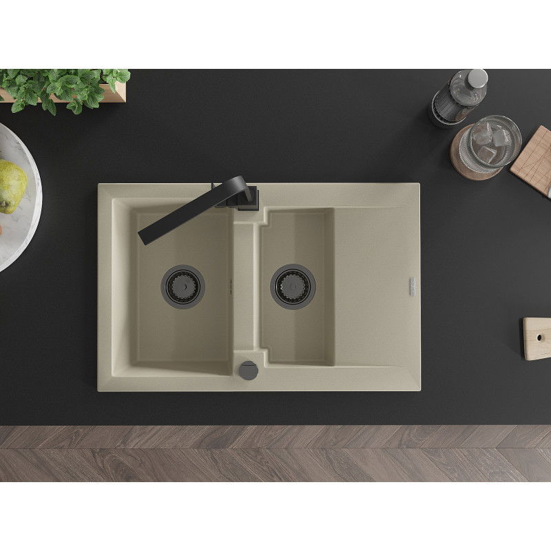 Mexen Gaspar granitový dřez 1,5-komorový s odkapávačem a kuchyňskou baterií Rita, béžový - 6507-69-670300-70