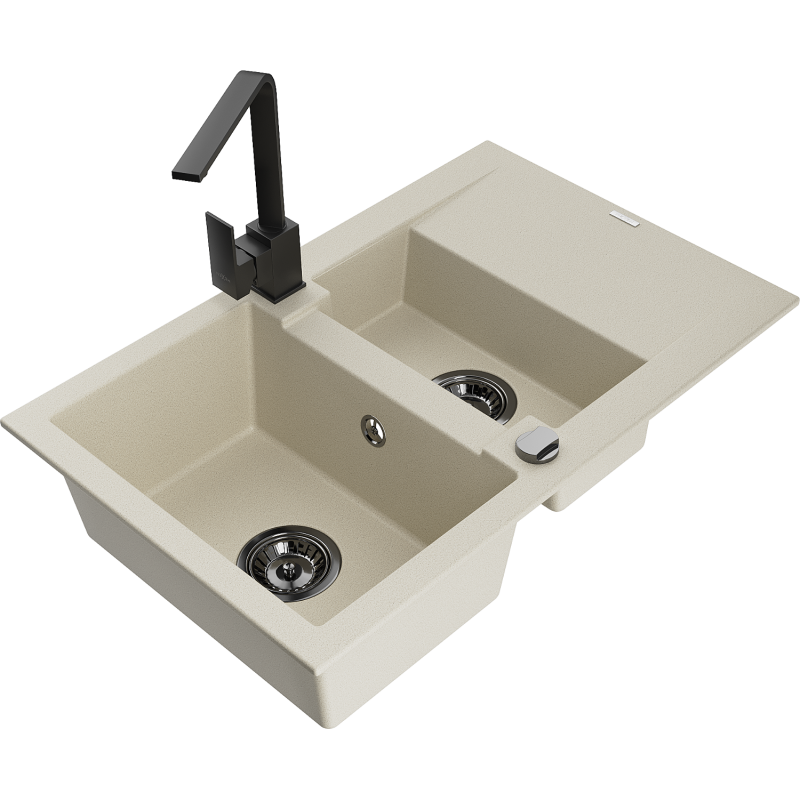 Mexen Gaspar granitový dřez 1,5-komorový s odkapávačem a kuchyňskou baterií Rita, béžový - 6507-69-670300-70